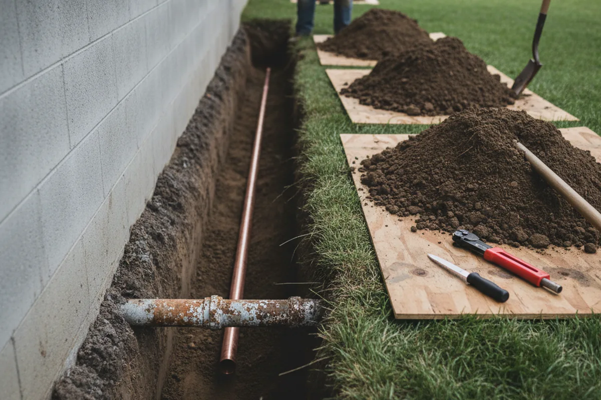 Excavated water line trench during Water Softener Installation in Dennis Port